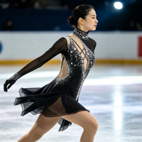 Robe de patinage artistique noire avec strass argentés et maille à manches longues pour enfants et adultes – Tenue de performance pour compétition sur glace