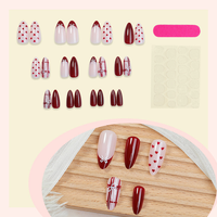 Faux ongles à presser bordeaux avec motif cœur, nœud et carreaux, style French Manucure, pour la Saint-Valentin et le nail art