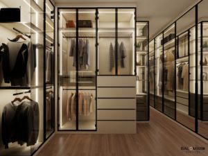 Modern Wardrobe Gray Glass Walkin Closet <strong>LED</strong> Strip Aluminium Closet System Wooden Board Storage Luxury Storage With Island - Product Image 6