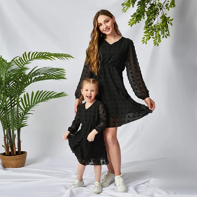 vendor children clothing Chiffon Long Sleeve matching dress mom and baby matching outfits