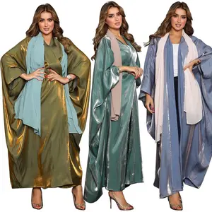 modest Muslim fashion bright silk satin solid color bat sleeve robe Europe and the United States large size abaya open