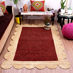Tapis artisanal en jute naturelle rouge bordeaux à bordure festonnée, tapis décoratif tissé à la main - Product Image 1