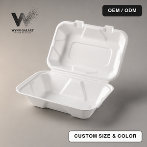 Sugarcane Clamshell <b>Lunch</b> <b>Box</b> 600ml 1000ml Compostable Bagasse Hinged <b>Compartment</b> Hot Meal Delivery Container Supplier - Product Image 1