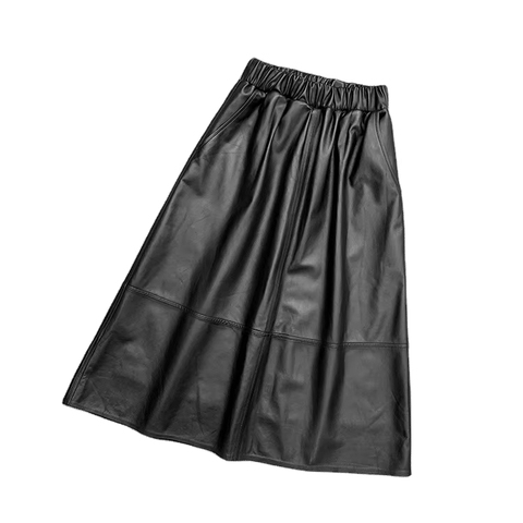 1305 Loose Solid Color Women Sheepskin Leather Long Skirt With Single Breasted