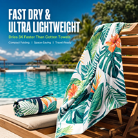Serviette de plage personnalisée en microfibre recyclée, anti-sable, motif feuilles tropicales cationiques