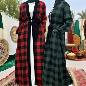 Custom ABAYA Autumn Open Modest Handmade Polyester Breathable Abaya Grid Pattern Islamic Dubai Long <b>Robe</b> Pockets - Product Image 1
