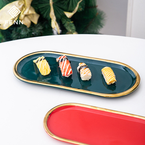 Luxe Golden Edge Ovale Ceram Sushi Dessert <span class=keywords><strong>Assiette</strong></span> Restaurant Coloré Rouge Vert Noël Dîner Plats De Service Ensemble De Plateau En Marbre - Product Image 5