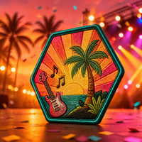 Patchs brodés en chenille 3D personnalisés, hexagonaux, en gros, motifs Guitare, Palm, Coucher de soleil, haute densité, thermocollants pour musique, chapeaux tropicaux