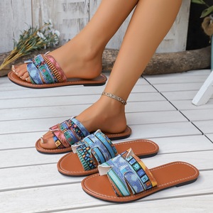Sandales à glissière de style bohème, imprimé ethnique vintage, bout ouvert, semelle intérieure souple, pantoufles de plage plates et antidérapantes - Product Image 1