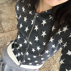 Sudadera con capucha y cremallera para mujer, estilo americano, con estampado de estrellas y bloques de color, diseño de patchwork, corte ajustado, manga larga, informal - Product Image 5