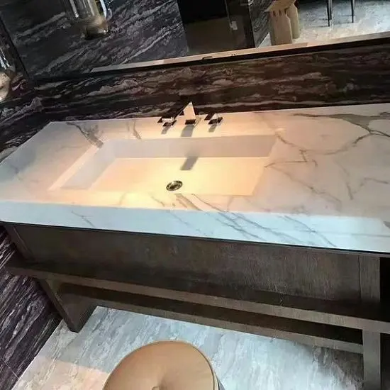 Yapay mermer tezgahı üstleri banyo tezgahı akrilik katı yüzey kamu tuvalet Vanity tezgah lavabo lavabo