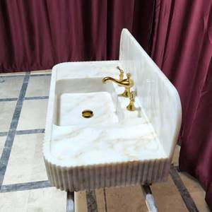 Lavabo mural de luxe en marbre cannelé durable avec crédence, lavabo de salle de bain en pierre naturelle fait main - Product Image 4