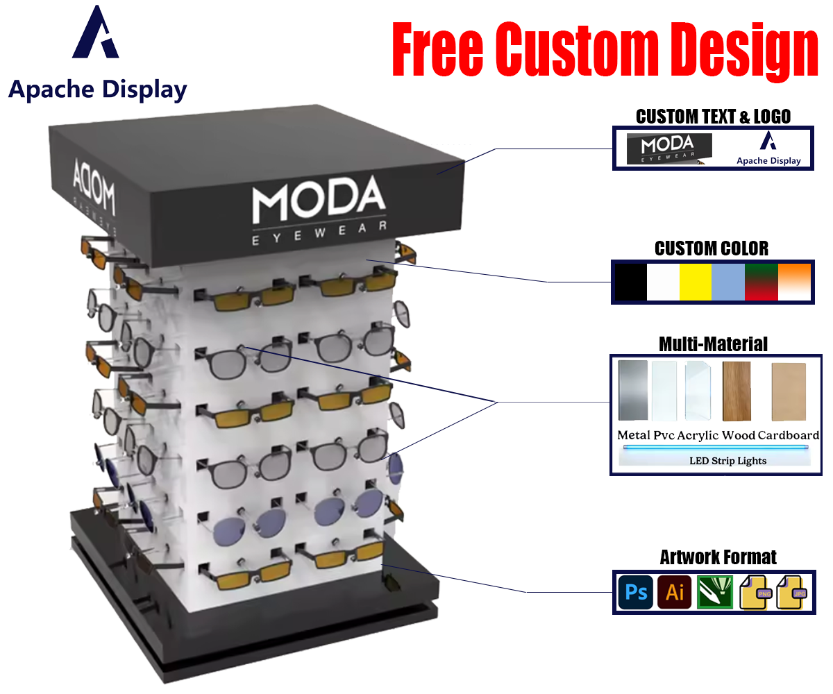 Custom Eyewear Rack for Optical Shop Luxury Glasses Sunglasses Display Stand Metal Acrylic Wood Retail Store Branded Unit Apache — view 3