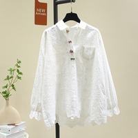 Blus Wanita Terbaru Musim Semi 2026, Grosir, Putih, Detail Jacquard Berlubang, Aksen Pita, Lengan Panjang, Model Longgar, Manset Ruffle, Elegan, Kasual, dan Chic