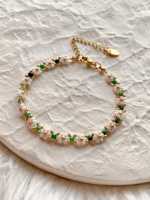 Bracelet fleur en perles de rocaille en acier inoxydable, marguerite dorée, blanche et verte, fait main, réglable, style bohème