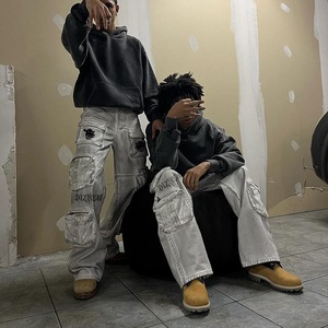 DIZNEW 2024 primavera alla moda <span class=keywords><strong>Beige</strong></span> bianco Do vecchi pantaloni <span class=keywords><strong>Cargo</strong></span> di alta qualità design Custom logo Multi Pocket Pants uomo - Product Image 4