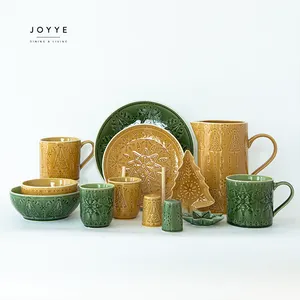 JOYYE Nordic vintage christmas dinnerware set gifi custom ceramic stoneware embossed christmas tree pattern tableware
