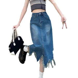 Fashion Women's Irregular Raw Edge Tassel A-Line Denim Skirt