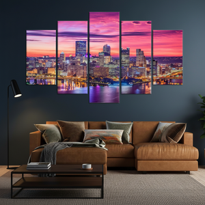 City Skyline <b>Canvas</b> Print: Vibrant Urban Nightscape <b>Wall</b> Art,SET OF 5 MIX <b>CANVAS</b> - Product Image 3