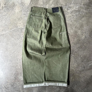 Jean baggy bootcut vintage surdimensionné personnalisé, pantalon en denim brut <span class=keywords><strong>vert</strong></span> rétro, veste en jean légère à col rabattu - Product Image 2