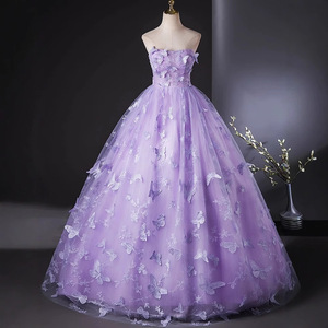 Purple Gauze Evening Dress Long Skirt 3D Butterfly Embroidery Strapless Women Stage Performance Costume - Product Image 1