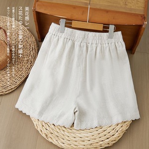 Women's Cotton Linen Shorts Beige <b>Elastic</b> Waist <b>Lace</b> Trim Casual Loose Fit Summer Pants - Product Image 4