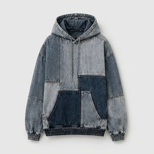 Men's Denim Hooded Patchwork Design With Kangaroo Pocket Regular Fit Autumn Style - Product Image 1
