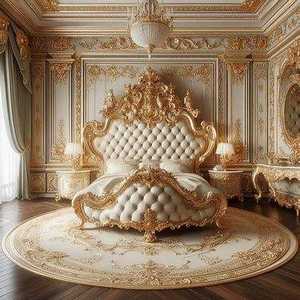 Cama Redonda de Madera con Botones Decorativos de Lujo, Diseño Clásico Grabado, Muebles de Dormitorio de Estilo Antiguo - Product Image 3