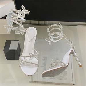 Sandales à talons hauts pour femmes, nouvelle collection, antidérapantes, tendance, design cristal, dessus en soie, pour les soirées - Product Image 4