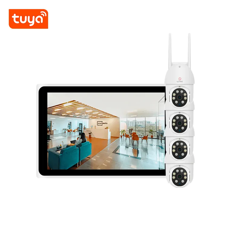 LCLCTEK Tuya Smart 4CH Wireless 3MP NVR Kit with 10" LCD Screen Monitor Security CCTV PTZ Camera System