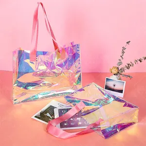 Özel Logo holografik kozmetik çantası temizle makyaj çantası yanardöner çanta şeffaf moda çanta sihirli renk Tote Bag4