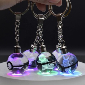 22 Color 3cm LED 7 Light Color 3D Crystal Glass Ball Laser Engraving Poke Ball Monster Pika Charizard Squirtle Keychain