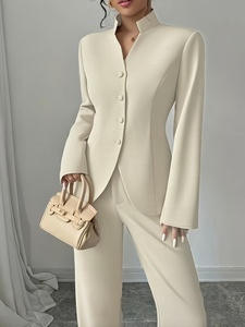 ชุดเซ็ต 2 ชิ้นสำหรับสุภาพสตรี ฤดูใบไม้ผลิและฤดูใบไม้ร่วง เสื้อโค้ทติดกระดุมสีพื้นเรียบง่าย จับคู่กับกางเกงขายาวทรงเข้ารูปสวมใส่สบาย เสื้อเบลเซอร์ผู้หญิง - Product Image 4
