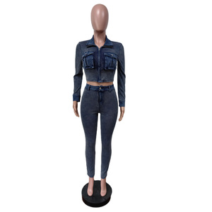 Conjunto Casual de 2 Piezas de Chaqueta Vaquera Elástica con Bolsillos Corrugados y Pantalones Ajustados de Mezclilla para Mujer - Product Image 2
