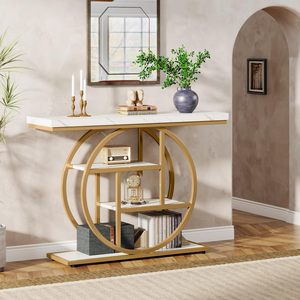Mesa Consola Moderna SENYU Dorada con Tapa de Mármol y Estante Circular de Almacenamiento para Entrada o Sala de Estar - Product Image 4