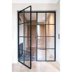 Puerta de cristal francesa con bisagras para interior de casa, puerta de hierro forjado, moderna, nueva
