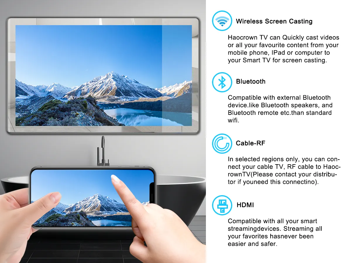 Ses kontrolü ile akıllı TV, kapalı ve açık kullanım için 32 inç aynalı su geçirmez HDTV, HD akıllı, 4k