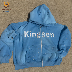 เสื้อฮู้ดดี้สตรีทแวร์ผ้าเฟรนช์เทอร์รี่วินเทจฟอกสีแบบแอซิดวอช แต่งแพทช์ปักลายและประดับคริสตัล ซิปหน้า สไตล์ดิสเทรส สำหรับผู้ชาย - Product Image 3