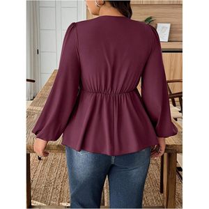 Blusa Personalizada para Mujer Talla Grande, Cuello en V Profundo, Manga Farol, Peplum con Volantes, Blusa Fluida de Chifón - Product Image 1