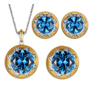 Fashion Eco-friendly <b>Copper</b> Wedding Necklace Sets for Women Jewelry 16-12mm Blue Round Zircon Bridal Pendant Earrings Set - Product Image 1
