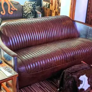 Havacılık mobilya deri kanepe 3 koltuk metal alüminyum antika sıkıntılı hakiki deri otel lobisinde kanepe kulübü restaur