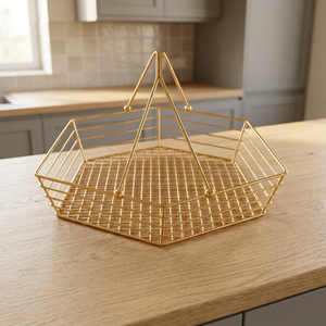 <b>Gold</b> Wire <b>Storage</b> <b>Basket</b> Rectangle Minimalist Design Kitchen Wardrobe Organizer Multifunction Single Tier Stainless Steel Handle - Product Image 1