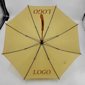 Parapluie droit tendance à ouverture automatique avec logo personnalisé et poignée en bois en forme de J, idéal pour la promotion des hôtels et clubs, couleur jaune - Product Image 4