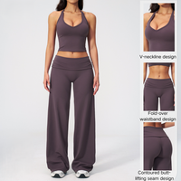 Set Yoga Kontrol Perut Wanita, Atasan Crop Top V-Neck Lengan Pendek, Celana Capri Pinggang Tinggi Pembentuk Tubuh, Celana Kaki Lebar, Bahan Stretch 4 Arah