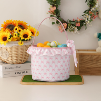 Panier de Pâques rose avec nœud et bordure à volants, grande capacité, sac de chasse aux œufs, seau à bonbons de Pâques, seau cadeau de Pâques pour fête d'enfants