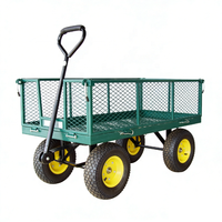 Chariot de jardin robuste en acier grillagé, capacité 220 kg, pneus pneumatiques 10 pouces, moyeu jaune, panneau latéral amovible, couleur personnalisée, outils OEM