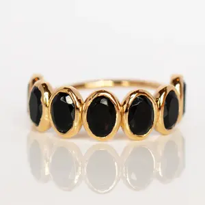 925 Sterling silver base ring sparkling black onyx 4 x 6 mm gems set in 14k yellow gold vermeil plated Band ring width 1.3 mm