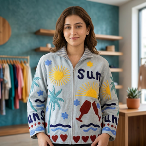 Chaqueta de terciopelo bordada para mujer con estampado de palmeras y corazones, cuello alto y manga larga - Product Image 6