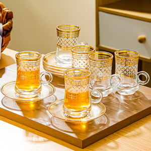 Ensemble de 6 tasses à thé arabes plaquées or de luxe 2026, ensemble de tasses à café et soucoupes en verre, ensemble de tasses à expresso - Product Image 4