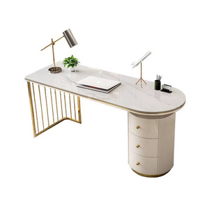 Escritorio de Oficina Moderno con Aspecto de Mármol, Mesa de Computadora Metálica, Estación de Trabajo de Recepción con Cajones para Consultorio, Salón de Belleza - Product Image 4